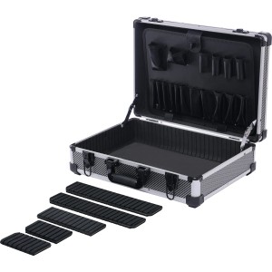 Offener LUX Aluminium Werkzeugkoffer in Silber/Schwarz mit variabler Facheinteilung.