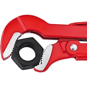 Knipex Rohrzange S-Maul, rot, 420 mm, greift eine schwarze Mutter. Zange aus der Kategorie Zangen.