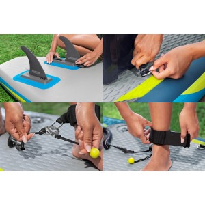 Details des Bestway Aqua Glider SUP Touring Board Sets: Finnen, Leine und Befestigung.
