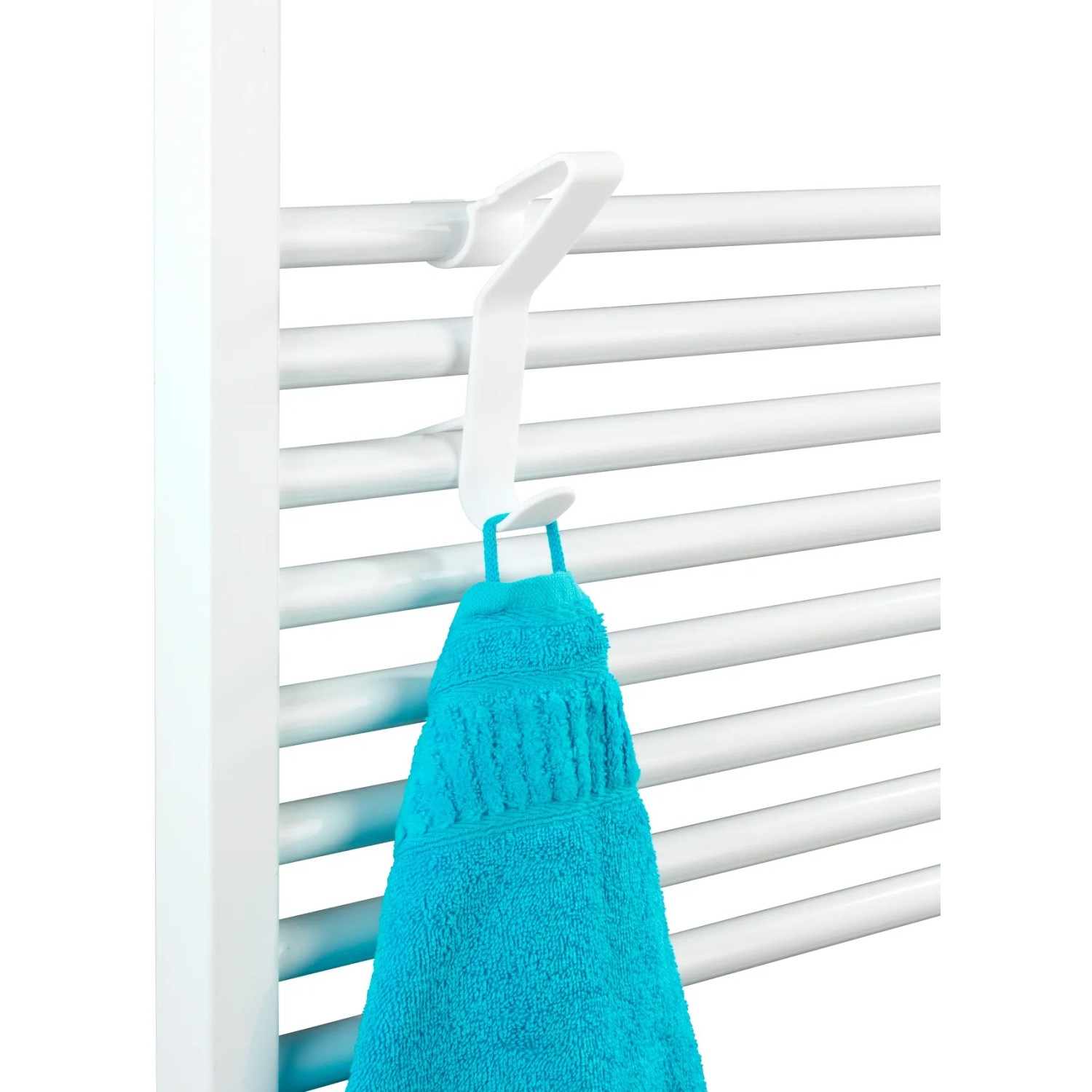 Wenko Universal Flexi Haken für Handtuchheizkörper mit blauem Handtuch.