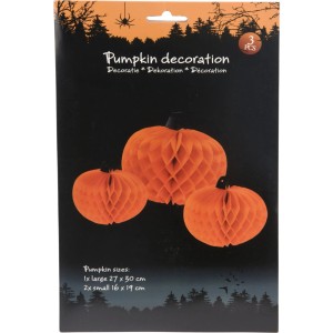 3-teiliges Halloween Deko-Set: Kürbisse aus Papier in Wabenoptik, orange. Größen: 27x30cm und 16x19cm.