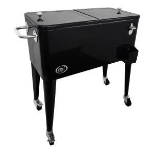Schwarzer Axi Kühlwagen Retro mit Rollen, Flaschenöffner und Behälter. Ideal für Partys.