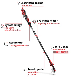 Einhell Akku-Astschere GP-LS 18/28: Teleskop-Gartenschere mit Akku für Äste bis 28mm. Rot/schwarz.