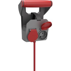 Verlängerungskabel RollOn mit Wandhalterung, 10 m, grau-rot, mit zwei Steckdosen und Tragegriff.