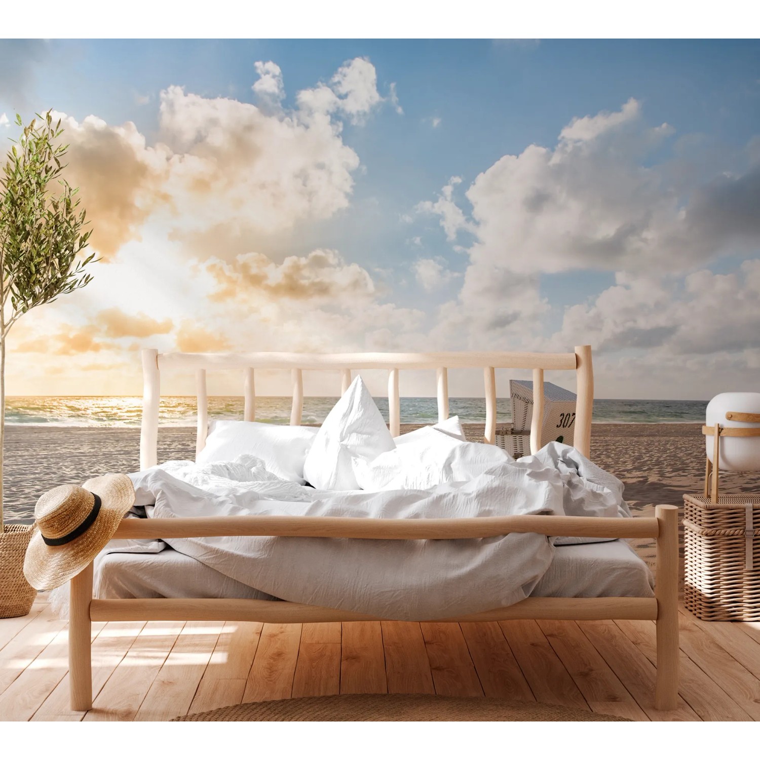 Fototapete Strandkorb Meer mit blauem Himmel und Strand imitiert Schlafzimmer.