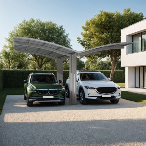 Ximax Carport Portoforte-60 Y Edelstahl-Look mit zwei geparkten Autos.