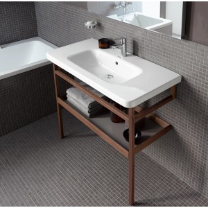 Duravit Handtuchhalter mit Ablage DuraStyle, Basalt matt/Nussbaum, für Badmöbel. Handtücher und Badutensilien liegen bereit.
