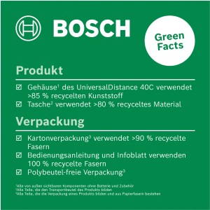 Infografik zu Produkteigenschaften des Bosch UniversalDistance 40 C Laser-Entfernungsmessers.