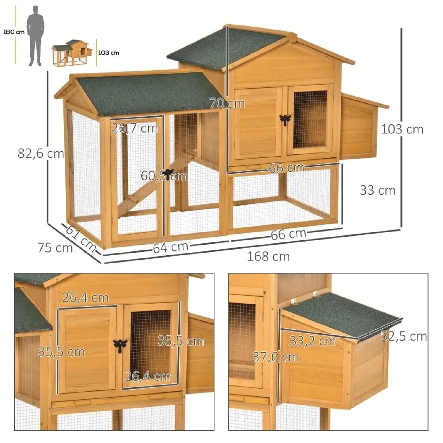 PawHut Zwerghühnerstall aus Holz mit grünem Dach, integriertem Auslauf und Nistkasten. Ideal für Hühner.