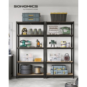 Schwarzes Songmics Lagerregal (50x100x200cm) mit fünf Ebenen, beladen mit Werkzeugen und Zubehör.