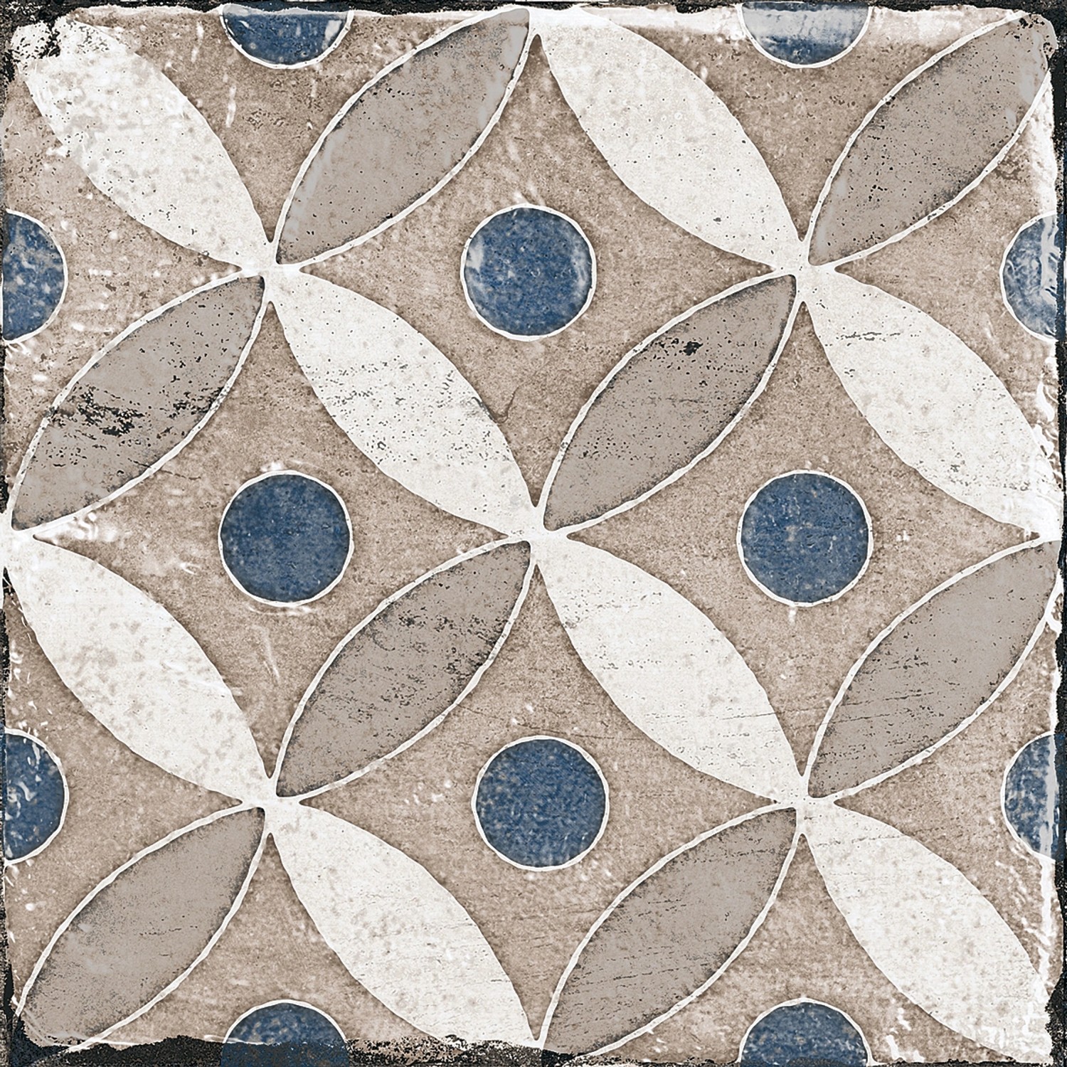 Quadratische, matte Bodenfliese mit floralem Muster und blauen Punkten, 20x20 cm.