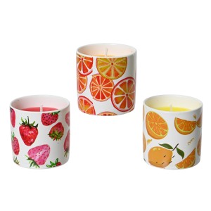 Citronella Kerzen mit Obstmotiven, 3-fach sortiert, ideal für den Sommer.