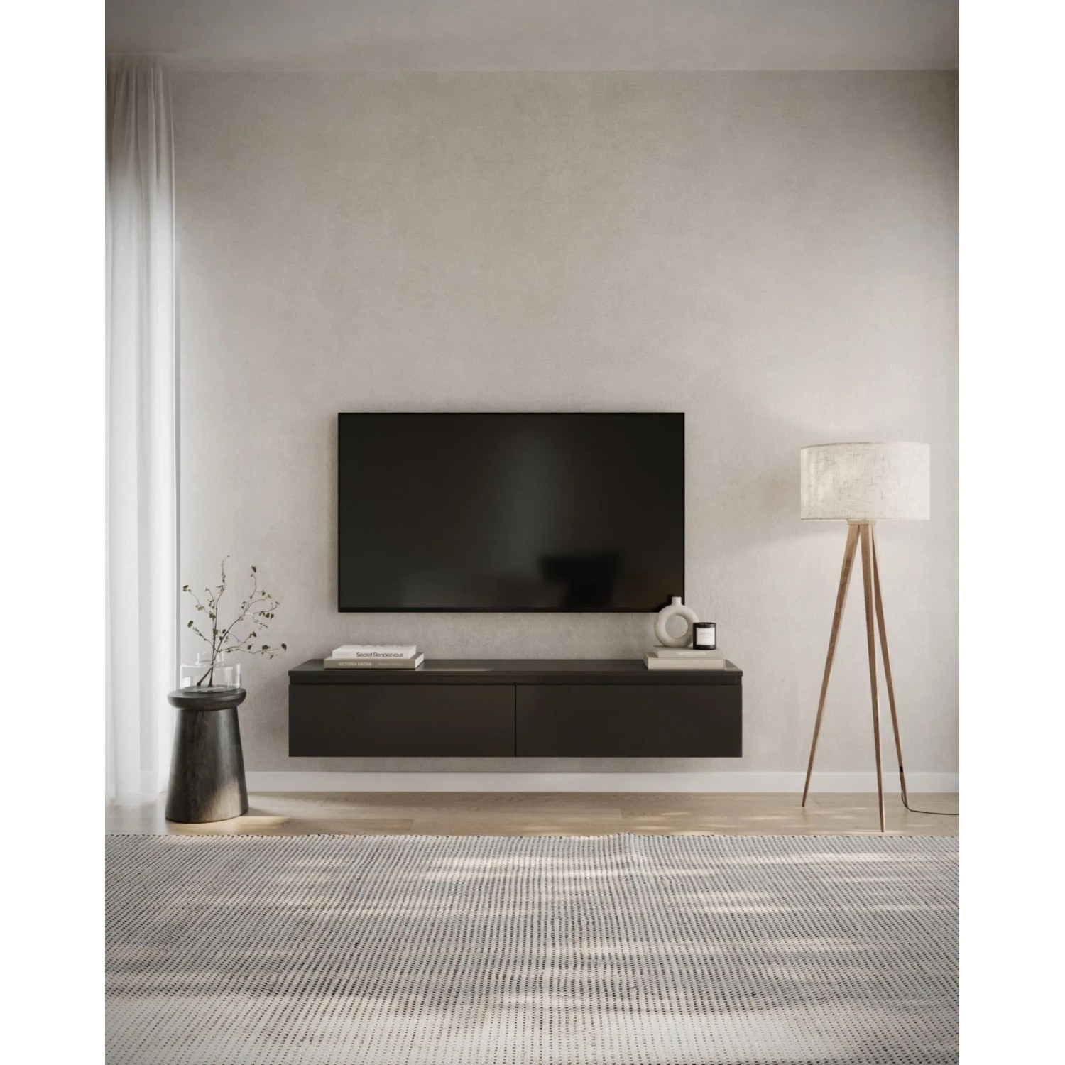 Schwarzes Selsey TV-Hängeboard Bemmi 150 cm, wandhängend, mit zwei Klappenfächern. Modernes Lowboard für Stauraum.