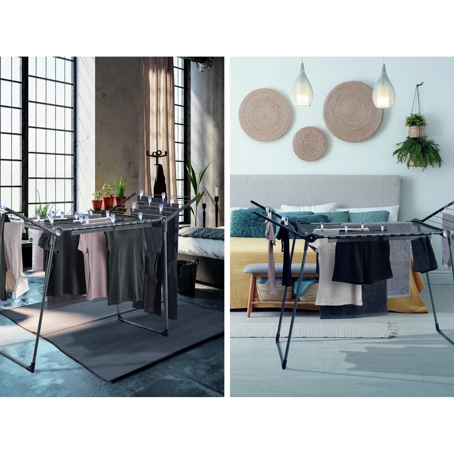 Leifheit Standtrockner Pegasus 180 in Schwarz-Anthrazit mit Wäsche in zwei Wohnräumen.