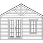 Illustration: Skan Holz Gartenhaus Bern 4, 420x660 cm, mit Doppeltür und Fenster.