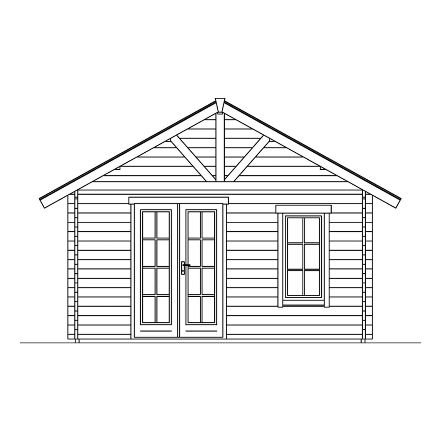Illustration: Skan Holz Gartenhaus Bern 4, 420x660 cm, mit Doppeltür und Fenster.