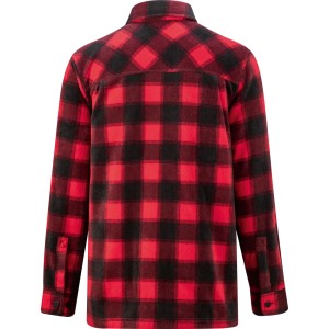 Rot-schwarz kariertes Fleece-Hemd, Rückansicht. Holzfäller-Arbeitshemd aus Polyester.