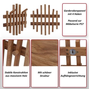 Garderobenpaneel P57 aus Eiche Massivholz, 40x38cm, mit vier Haken.