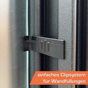 Detailaufnahme des Clip-Systems für die Wandbefestigung des SunElements Gartenhaus SunGarden Select.