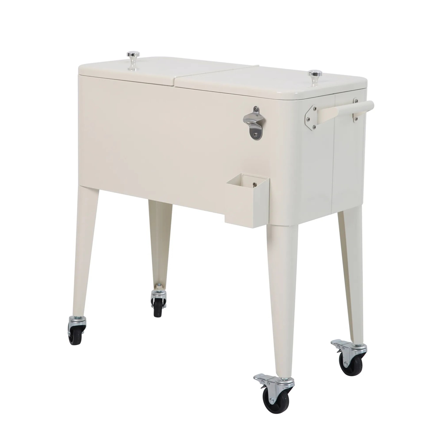 Beige Kühlbox Icy auf Rädern mit Flaschenöffner und geteiltem Deckel. Perfekt für Grillpartys.