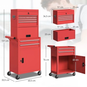 Roter HOMCOM 3-in-1 Stahl Werkzeugschrank mit Schubladen, Schrank, Lochwand und Rollen. 131 cm hoch.