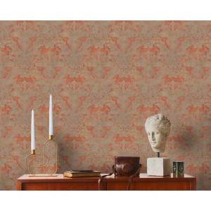AS-Creation Vliestapete mit klassischem Ornamentmuster in Orange und Türkis, matte Oberfläche.