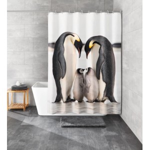 Kleine Wolke Duschvorhang Jacksons mit Pinguin-Familie in Schwarz-Weiß, 180x200 cm.