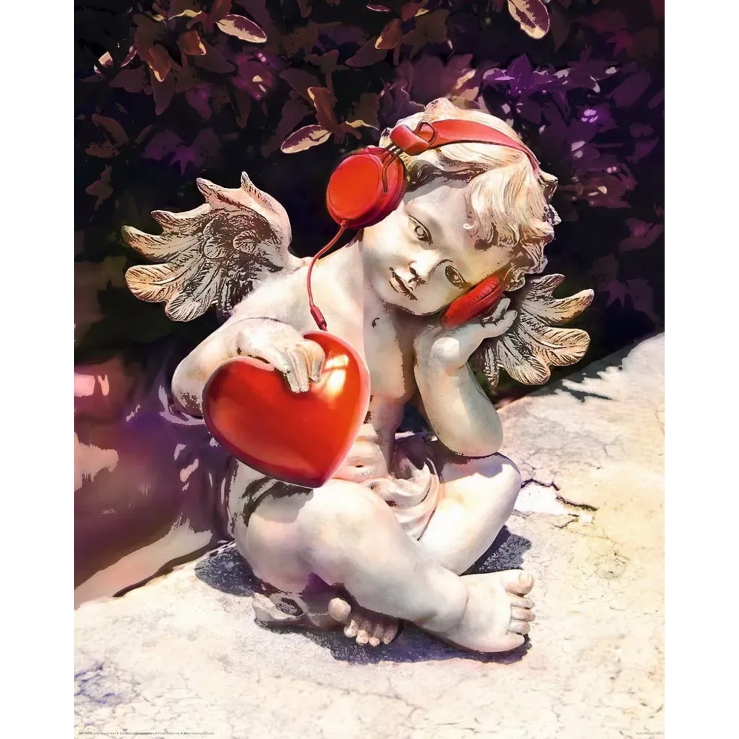 Deco Panel Fertigbild: Engel mit Kopfhörern und rotem Herz, 40x50cm.