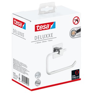 Verpackung des Tesa Toilettenpapierhalters Deluxxe Chrom, zur Wandmontage ohne Bohren.