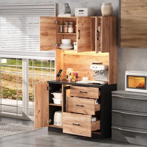 okwish Küchenhochschrank mit LED Beleuchtung Verstellbare Einlegeböden 105x40x180cm Natur Schwarz