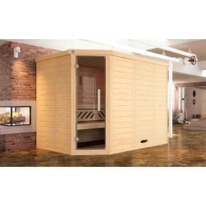 Weka Elementsauna Kemi Eck mit Glastür und Saunaofen (9 kW) im Raum.