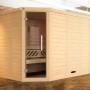 Weka Elementsauna Kemi Eck mit Glastür und Saunaofen (9 kW) im Raum.