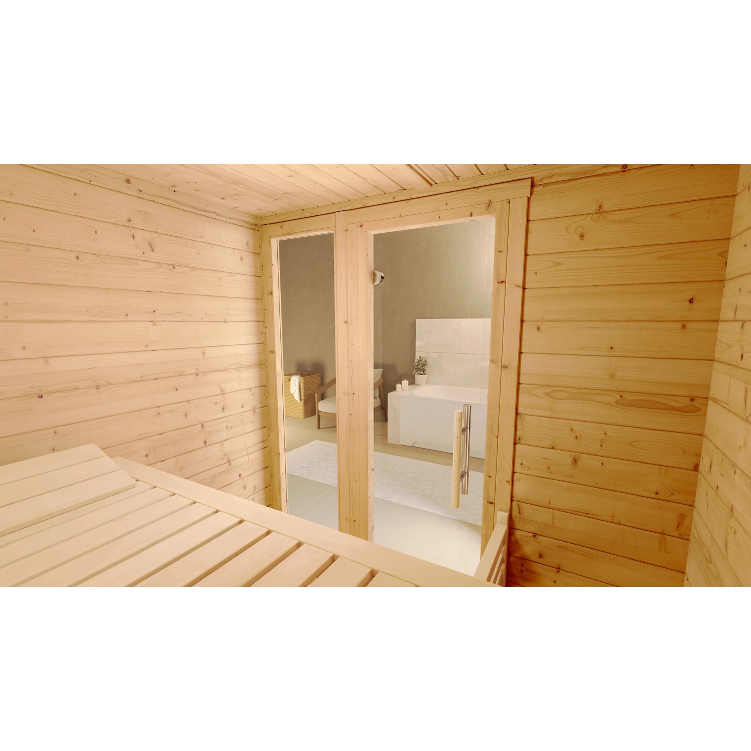 Weka Massivholzsauna Bergen mit Glastür und Fenster, Innenansicht mit Liege.