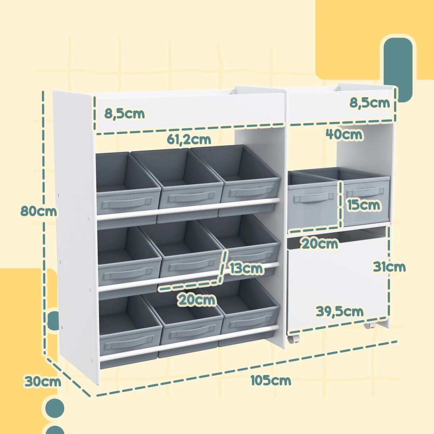 Weißes AIYAPLAY Kinderregal aus MDF mit 11 grauen Stoffboxen. 105x30x80cm. Perfekt zur Spielzeug-Aufbewahrung.