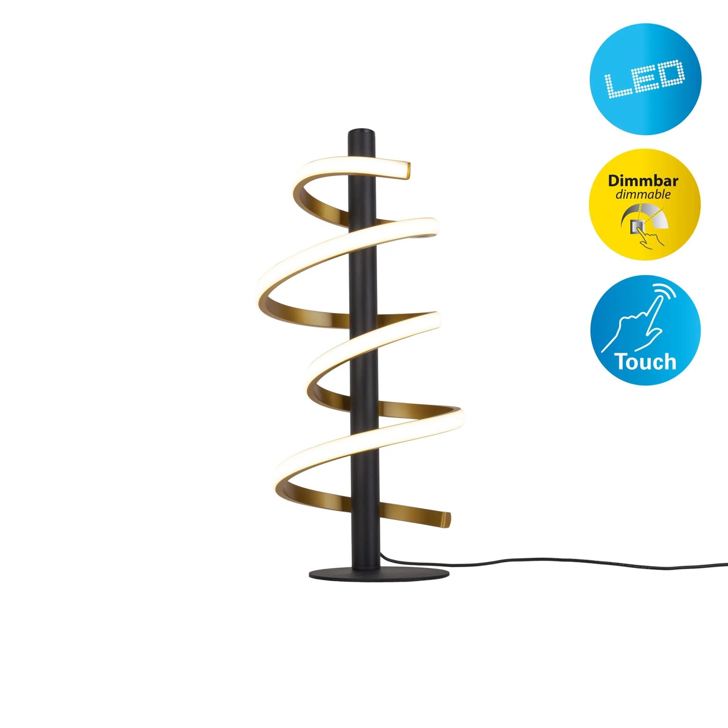 Moderne LED-Tischleuchte Belleza in Gold und Schwarz, spiralförmiges Design, dimmbar per Touch.