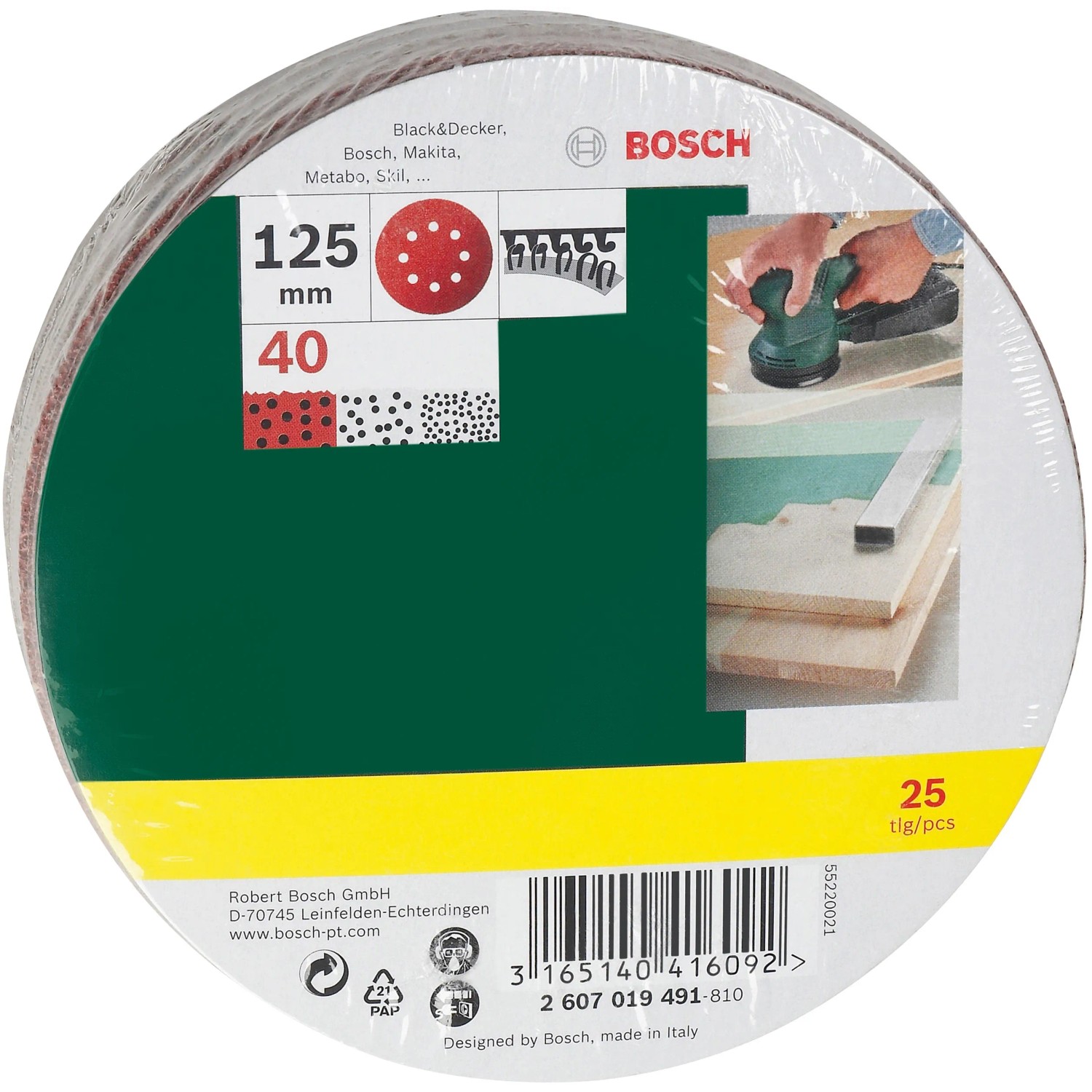 Bosch Schleifblatt-Set, 25 Stück, Körnung K40, Ø 125 mm, für Exzenterschleifer.