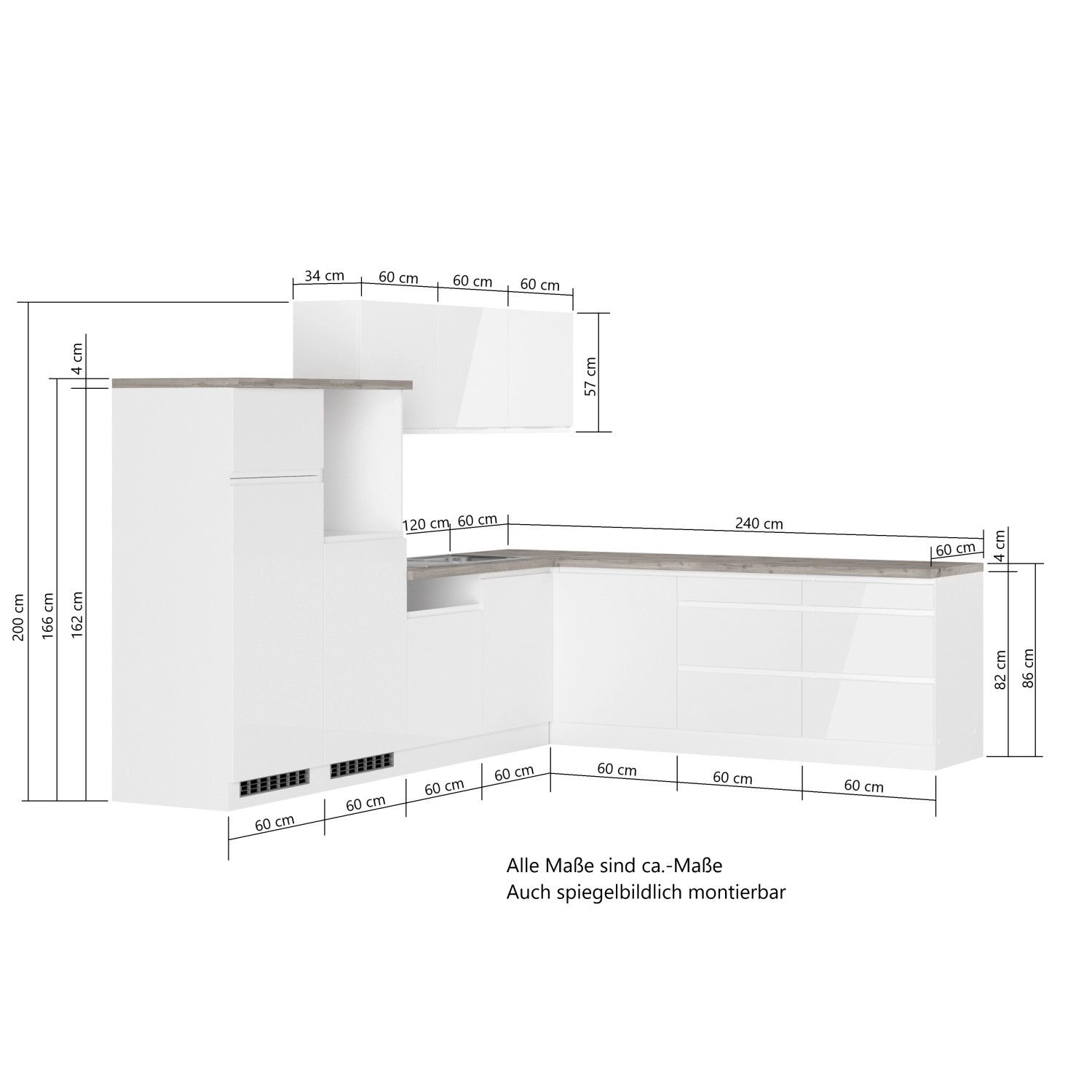 Held Winkelküche Gera 300 cm, weiß/Beton, ohne E-Geräte, mit Maßangaben.
