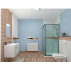 Modernes Badezimmer mit LED-Lichtspiegel Primo, 40 cm, über einem weißen Waschtisch.