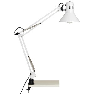Weiße Tischleuchte Hobby mit verstellbarem Arm und Schraubklemme für Schreibtisch.