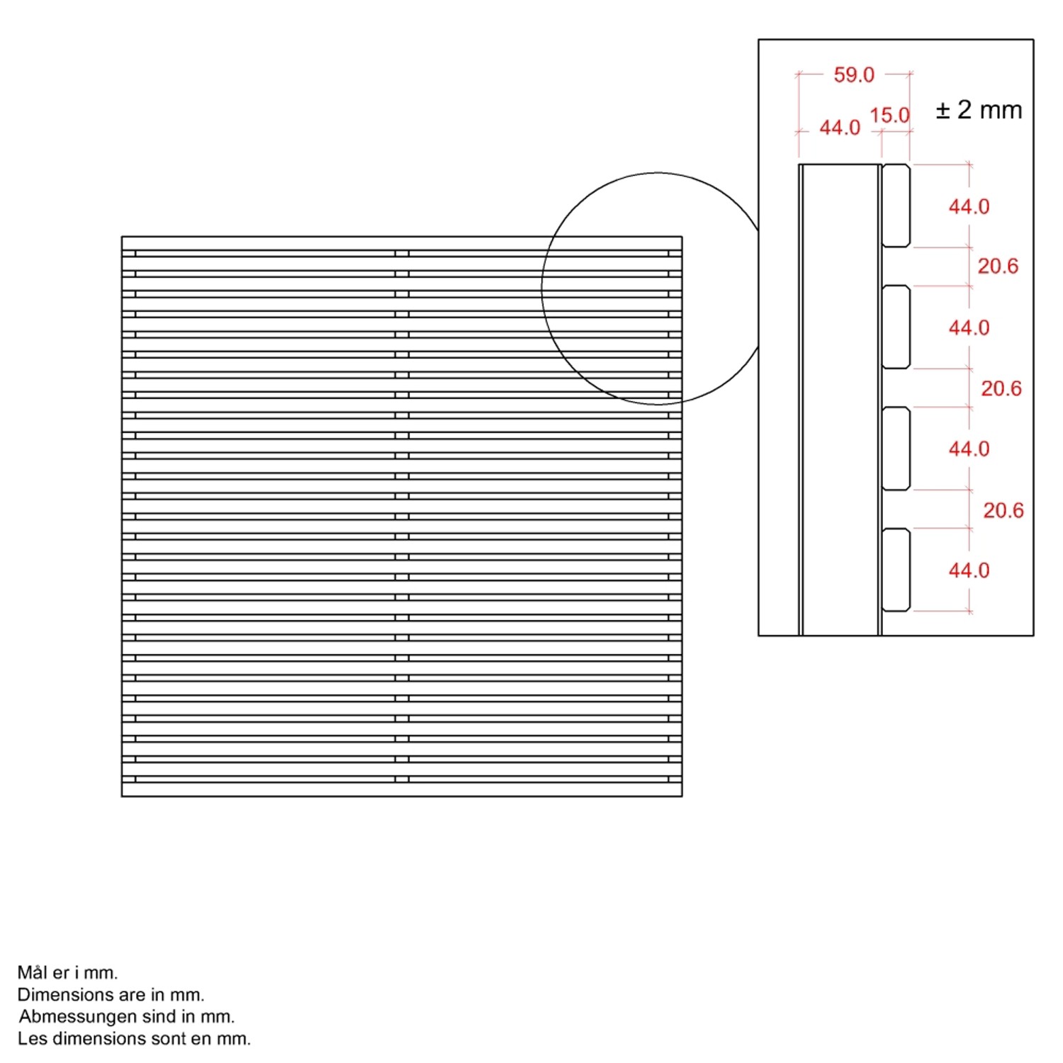 Technische Zeichnung: Sichtschutzzaun Tokyo, Nadelholz, schwarz, 180x180 cm, mit Maßangaben.