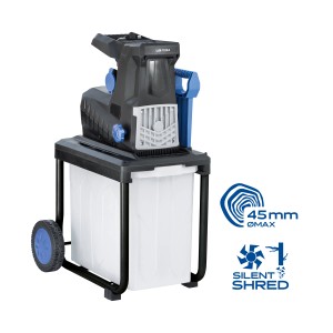 LUX Elektro-Leisewalzenhäcksler E-LH-2800/45B mit Auffangbox und Stahlrohrgestell.