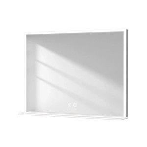 Rechteckiger Emke Badspiegel 80x60 cm mit umlaufender Kaltweiß LED-Beleuchtung, Touch-Bedienung und Ablage.