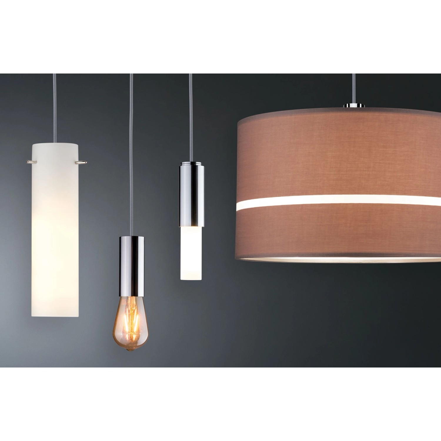 Verschiedene URail 2Easy Pendelleuchten (weiß, chrom, braun) des Schienensystems von Paulmann.