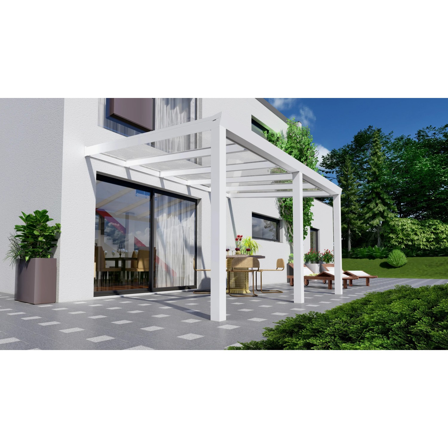 Weiße Terrassenüberdachung Professional 400x300 cm mit Glasdach am Haus.