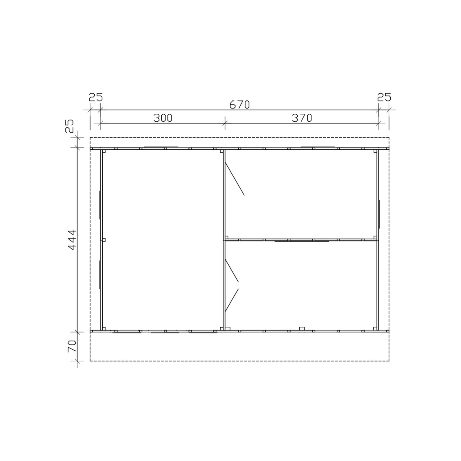 Grundriss des Skan Holz Gartenhauses Arnheim, 670x444 cm, mit Maßangaben.