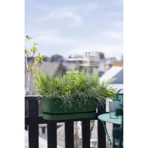 Elho Greenville Easy Balcony Hängetopf, 19,4x52cm, Laubgrün, bepflanzt auf einem Balkongeländer.