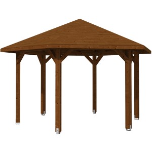 Skan Holz Pavillon Nancy, 6-Eck, Nussbaum, Leimholz, 480x416 cm. Gartenlaube mit Massivholzdach.