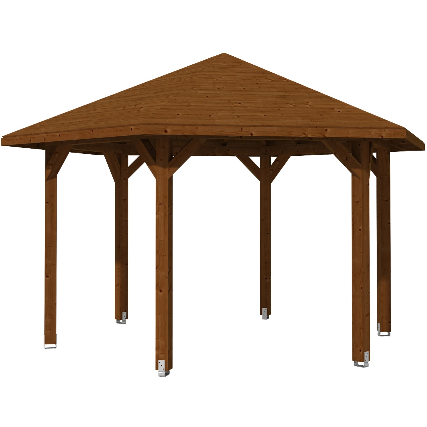 Skan Holz Pavillon Nancy, 6-Eck, Nussbaum, Leimholz, 480x416 cm. Gartenlaube mit Massivholzdach.