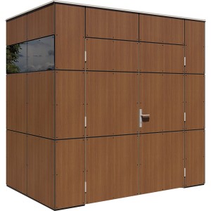 Modernes Bertilo Gartenhaus HPL Mini Italian Walnut mit Fenster und Doppeltür.