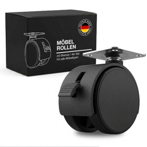 Schwarze K-Möbel Möbelrolle 40 mm mit Bremse, Metallplatte. Für Tische, Palettenmöbel, DIY.